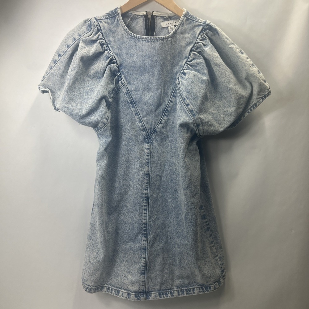 Topshop washed Blue denim 1/4 Back Zip Short sleeved mini shirt dress. Size 8